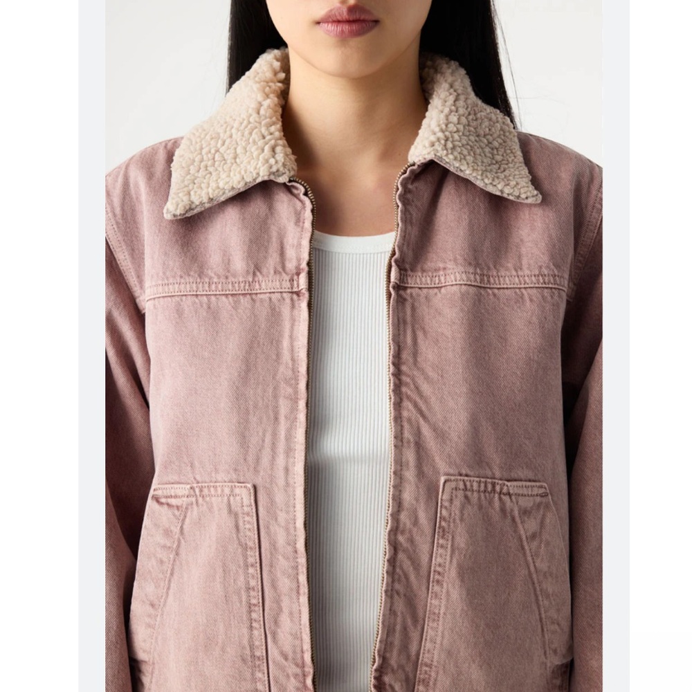 AMO Anthropologie Zoe Sherpa Lined Collar Zip Front Jacket in Tawny Pink Small - Picture 3 of 12